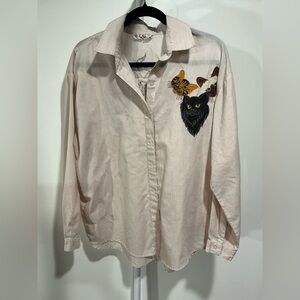 Women's Button Down Shirt with Cat Embroidery